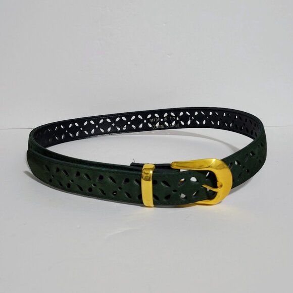 Women's Evergreen Flower Cutouts Genuine Suede Leather Belt Size L Made in USA - Picture 4 of 9
